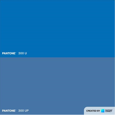 Image comparing Pantone 300 U and Pantone 300 UP colors side by side, with a 'CREATED BY PANTONE CONNECT' watermark at the bottom.