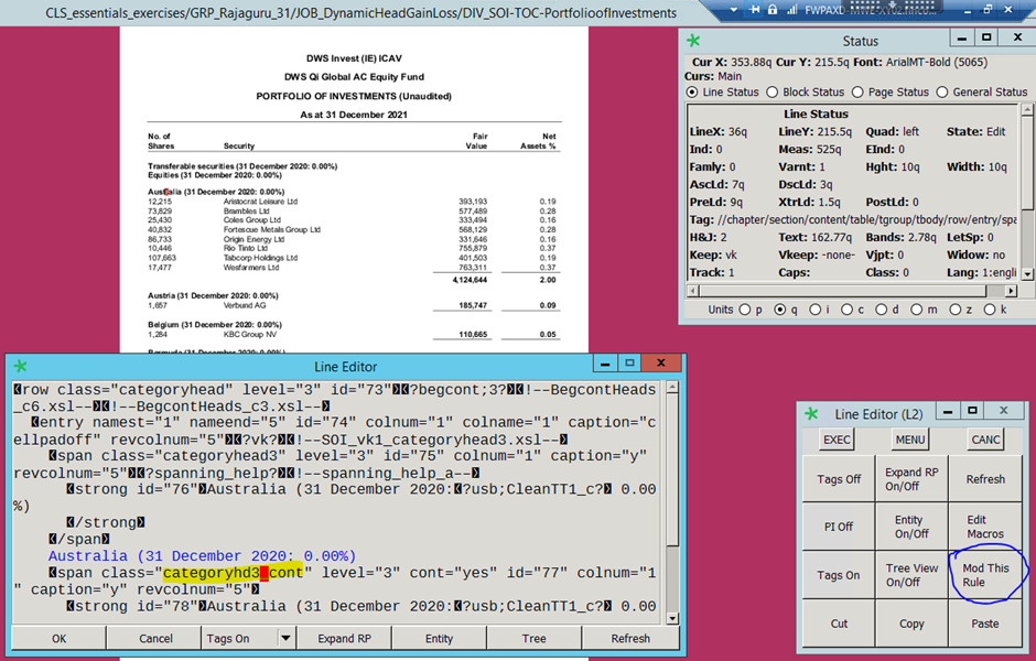 Screenshot of XPP Ideas Line Editor with cursor on 'categoryhead3' style, 'Mod This Rule' option highlighted in Command Keys menu.