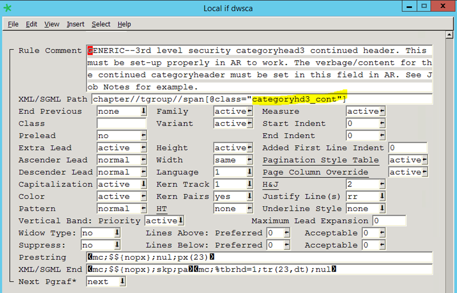 Screenshot of XPP Ideas Item Format specification window showing settings for 'categoryhead3_cont' style with a rule comment highlighted.