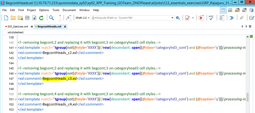 Screenshot of XSLT code in a text editor with 'BegcontHeads_c3.xsl' comment highlighted, suggesting navigation to this third-party tool.