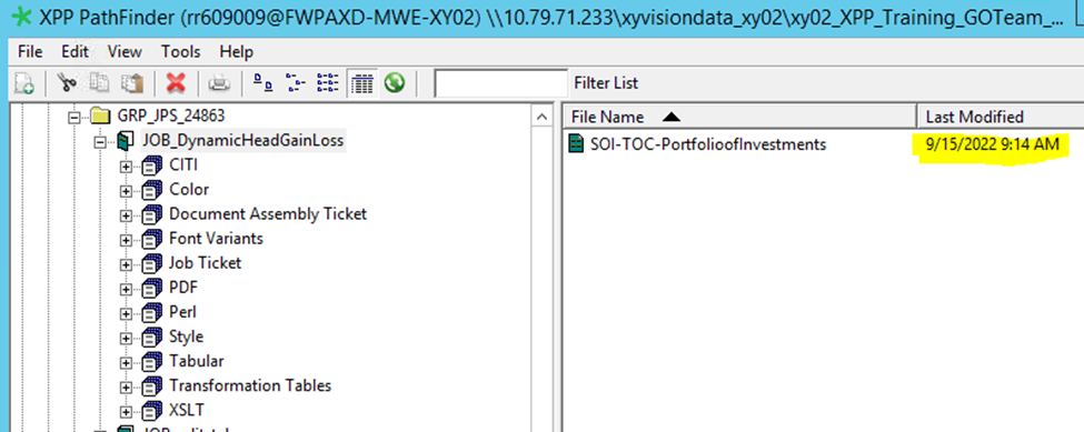 Screenshot of XPP Pathfinder interface showing a file named 'SOI-TOC-PortfolioofInvestments' with a last modified date of 9152022 at 9:14 AM highlighted in yellow.