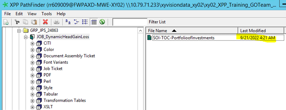 Screenshot of XPP Pathfinder interface showing the same file 'SOI-TOC-PortfolioofInvestments' now with a last modified date of 9212022 at 4:21 AM highlighted in yellow, indicating a change without edits.