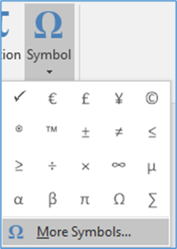 Screenshot of a PDF showing a table of symbols with descriptions and key combinations such as check marks and copyright signs.