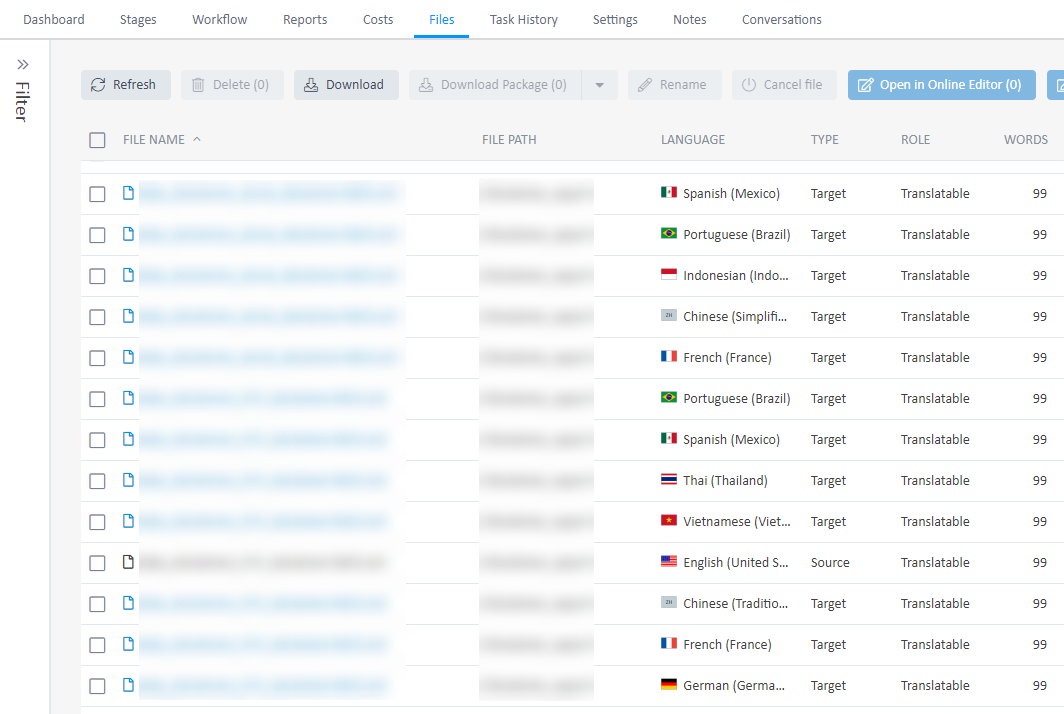 Screenshot of Trados Enterprise Files tab showing a list of files with checkboxes. Files are not grouped by language, making bulk actions for specific languages cumbersome.