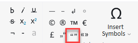 Screenshot of the Online Editor toolbar showing formatting options, including bold, italic, underline, and symbols. The double straight quote button is highlighted in red.
