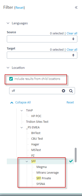 Screenshot of Trados Enterprise filter panel showing the 'Location' filter with a checked box for 'Include results from child locations' and a list of locations including 'SFF' with sub-locations 'Megma', 'Mtrans Leverage', 'SFF Private', and 'SYSNA'.