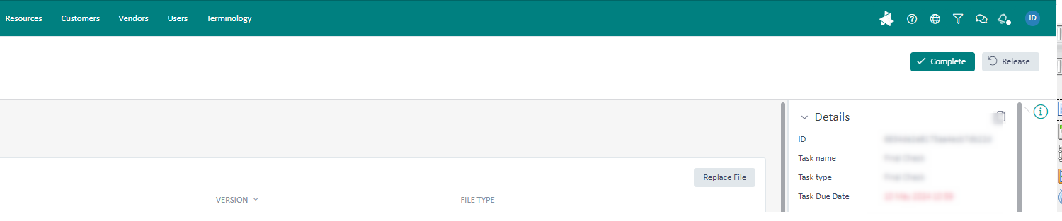 Trados Enterprise interface showing the 'Complete' button in the top right corner, partially obscured by a notification message.