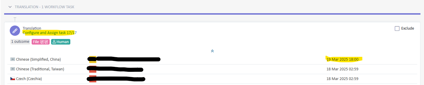 Screenshot of Trados Enterprise interface showing a Translation task with 'Configure and Assign task' button and due dates for languages such as Chinese and Czech, with some information redacted.