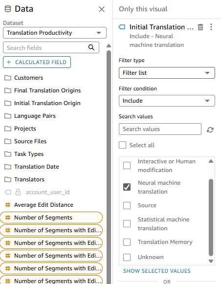 Screenshot of a data filtering interface showing the dataset 'Translation Productivity' with fields like 'Number of Segments' and a filter set to include 'Neural machine translation'.