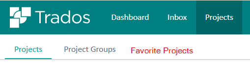 Trados interface showing navigation tabs: Dashboard, Inbox, Projects, and a highlighted 'Favorite Projects' tab in red.
