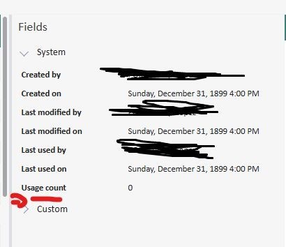 Screenshot showing the 'Fields' section with 'System' and 'Custom' categories. System fields include 'Created by,' 'Created on,' 'Last modified by,' 'Last modified on,' 'Last used by,' 'Last used on,' and 'Usage count' with a value of 0. Dates are listed as Sunday, December 31, 1899, 4:00 PM, and some fields are redacted.
