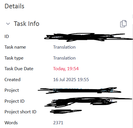 Screenshot of the Details view displaying task info, including task name as Translation, task type as Translation, due date as Today, 19:54, and word count as 2371.