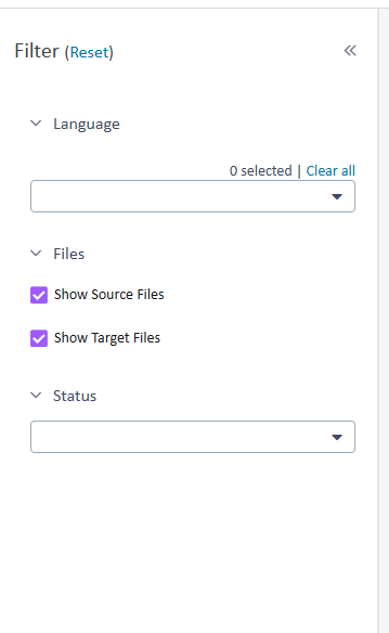 Filter panel showing options for Language, Files with 'Show Source Files' and 'Show Target Files' checked, and Status dropdown.