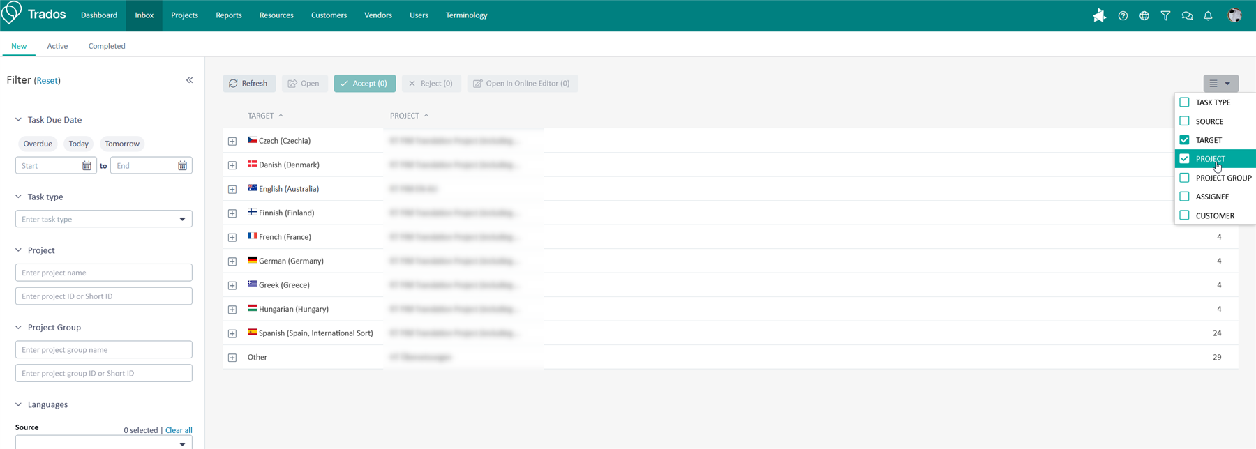 Trados Enterprise inbox showing 10 entries grouped by target language and project, with 'Other' containing one target language.