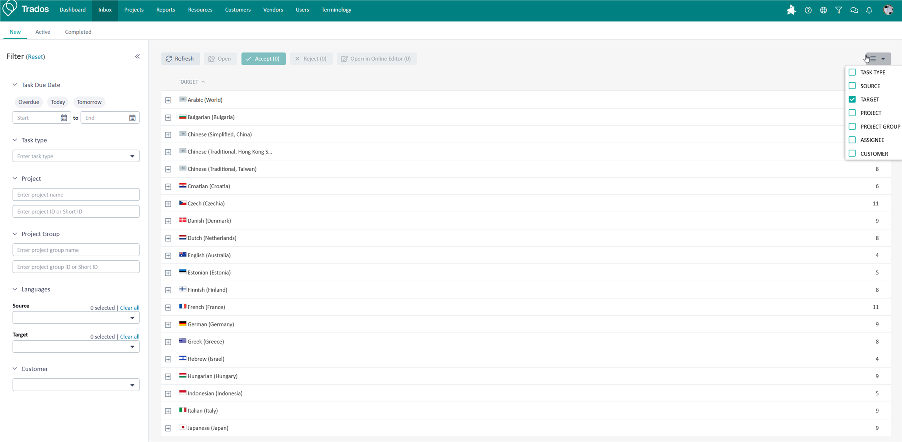 Trados Enterprise inbox showing a larger list of target languages without project grouping, with the target filter selected.