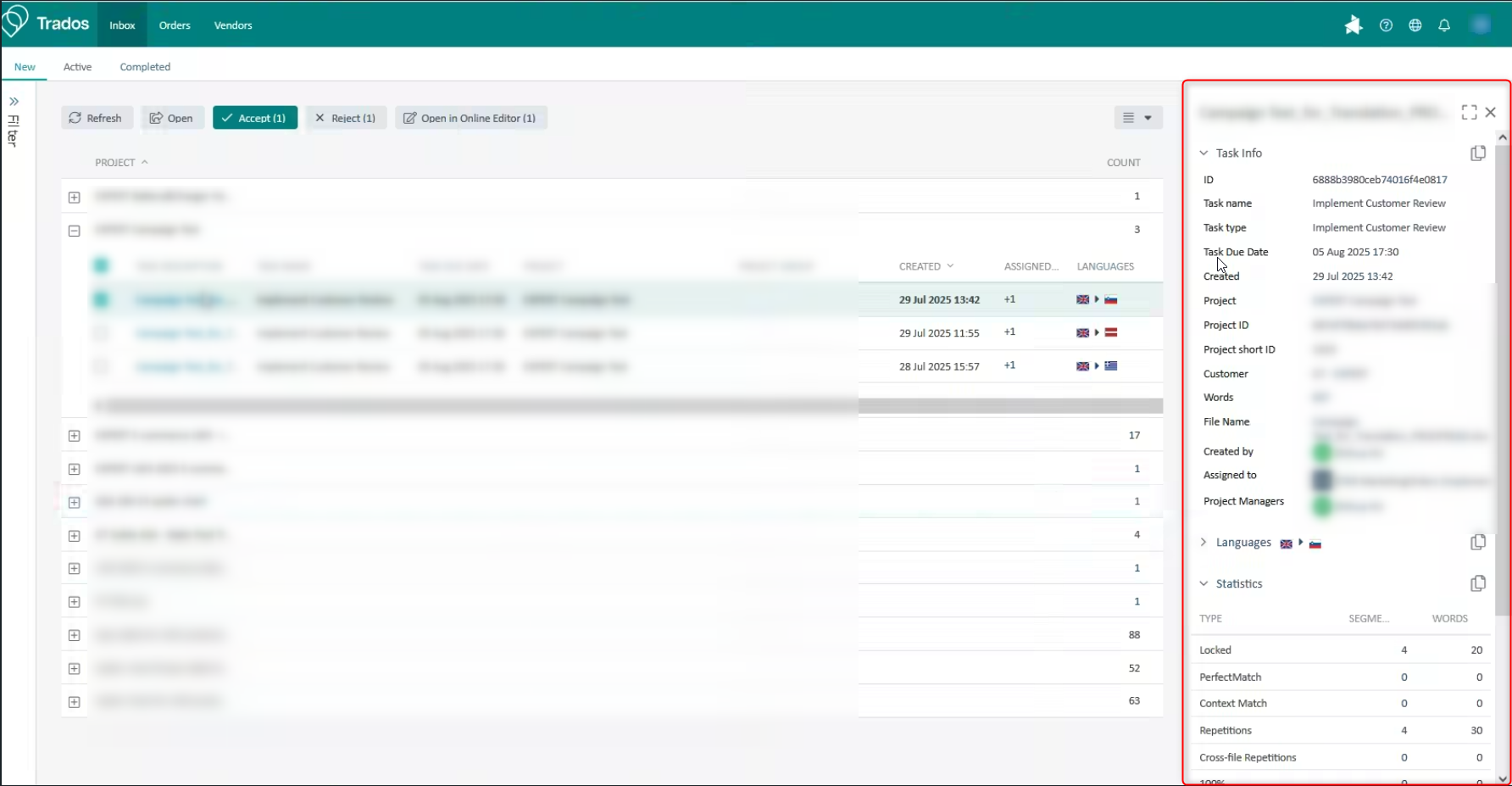 Screenshot of the Trados Enterprise Inbox view showing a list of tasks on the left and a Task Info popup on the right with details like Task Name, Due Date, and Statistics.