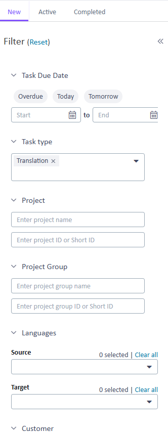Filter panel in Trados Team Ideas showing options for Task Due Date, Task Type, Project, Project Group, Languages, and Customer. Task Type is set to 'Translation'.