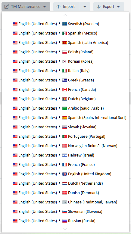 Dropdown menu showing language pairs for TM Maintenance, with languages listed in a random order, including English (United States) paired with various languages like Swedish, Spanish, and Korean.