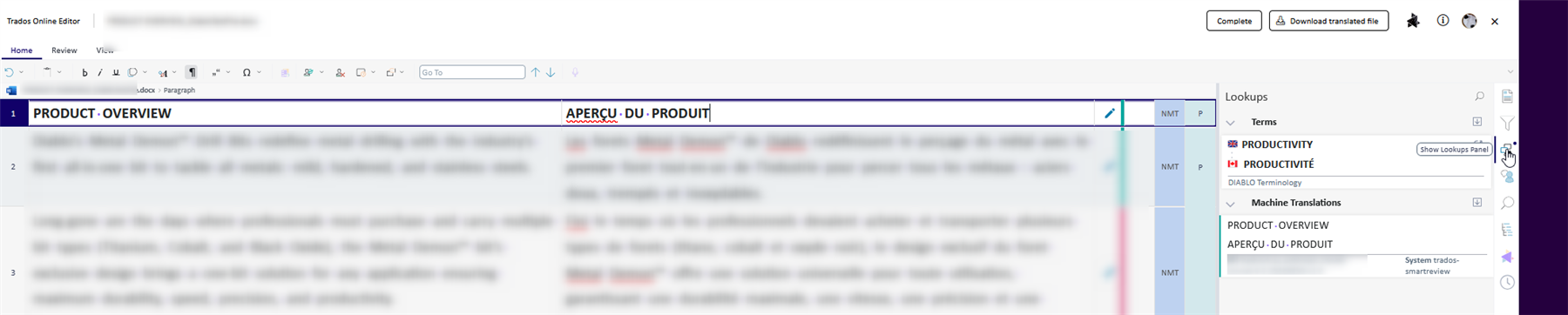Trados Online Editor interface showing a document with the title 'PRODUCT OVERVIEW' and its translation 'APERCU DU PRODUIT'. The Lookups panel displays terms and machine translations.