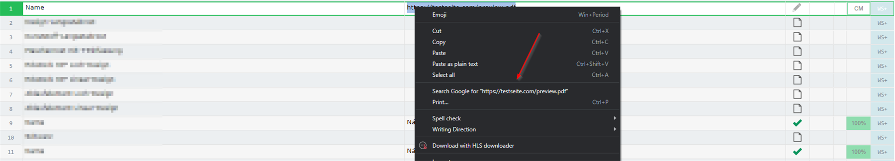 Trados GroupShare editor with a right-click context menu and a red arrow pointing to 'Search Google for https:testseite.compreview.pdf' option.