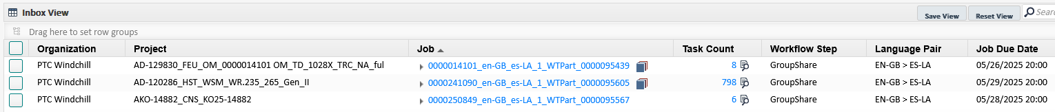 Inbox view showing a table with columns: Organization, Project, Job, Task Count, Workflow Step, Language Pair, and Job Due Date.