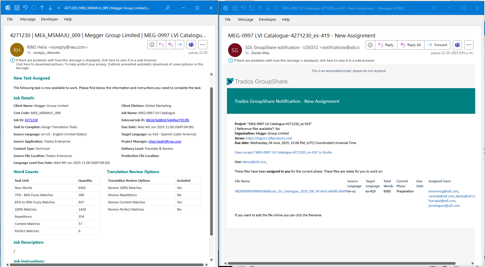 Side-by-side comparison of Helix and GroupShare email notifications. Helix shows detailed word counts, while GroupShare shows total word count and basic project details.