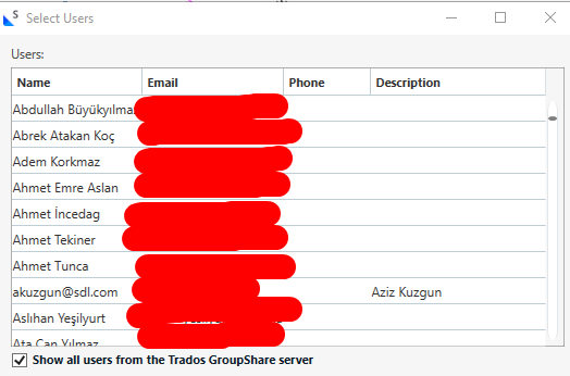 Screenshot of the Trados GroupShare 'Select Users' screen showing a list of users with columns for Name, Email, Phone, and Description. A checkbox labeled 'Show all users from the Trados GroupShare server' is selected.