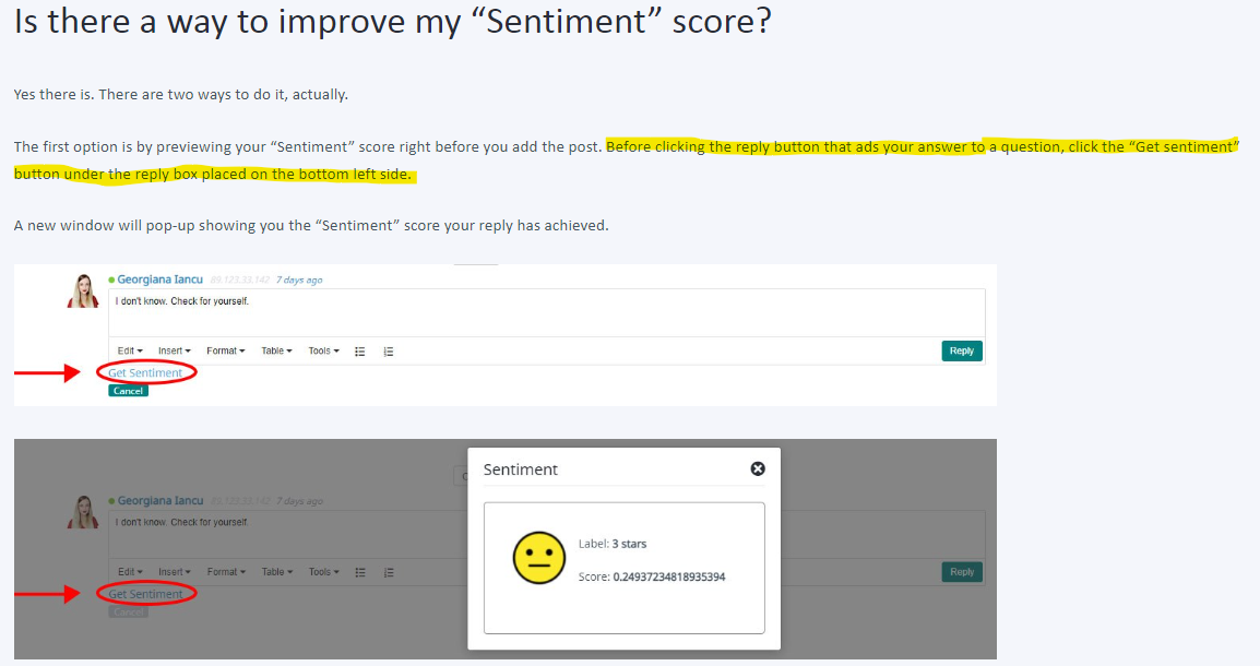 Screenshot of RWS Community Wiki page with highlighted text explaining the 'Get sentiment' button location under the reply box on the bottom left side.