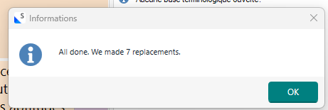 Information dialog box with a message 'All done. We made 7 replacements.' and an OK button.