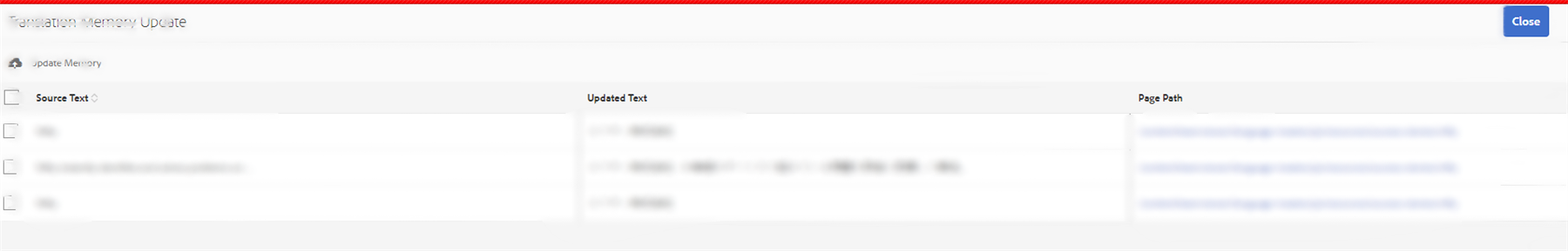 Screenshot of a 'Translation Memory Update' dialog with two columns labeled 'Source Text' and 'Updated Text'. Rows display source text and corresponding updated translations. A 'Close' button is visible at the top right.
