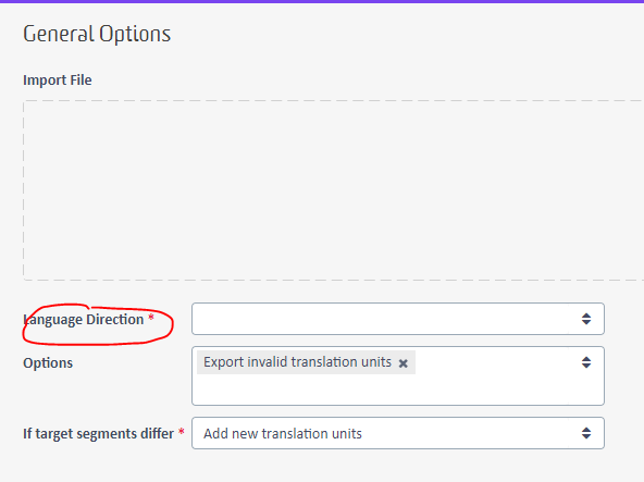 Trados Enterprise General Options screen with an error highlighted on the 'Language Direction' field, indicating it is a required setting.