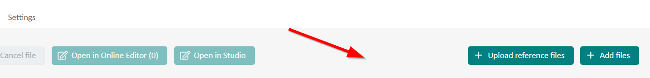 Interface showing buttons for Open in Online Editor, Open in Studio, Upload reference files, and Add files, with a red arrow pointing to the Upload reference files button.