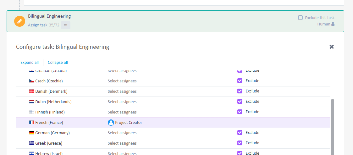 Screenshot of Trados Enterprise showing the 'Bilingual Engineering' task configuration with multiple languages listed. Each language has an 'Exclude' checkbox ticked except for French, which is assigned to 'Project Creator'. A warning icon indicates an issue with assigning task 3572.