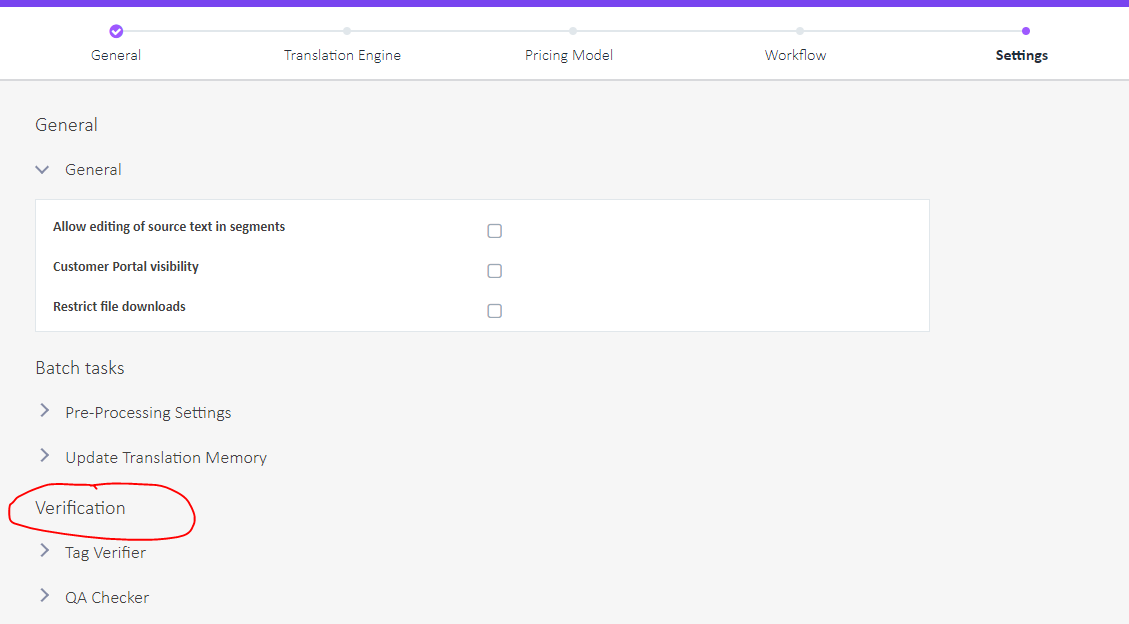 Trados Enterprise settings page with 'Verification' section circled, indicating the need for reusable QA profiles.