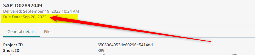 Screenshot of Trados Enterprise project details showing 'Delivered: September 19, 2023 10:24 AM' and 'Due Date: Sep 20, 2023' highlighted with a red arrow.