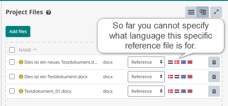 Screenshot of Trados Enterprise Project Files section showing a list of documents labeled as 'Reference' with various language flags, and a speech bubble stating 'So far you cannot specify what language this specific reference file is for.'