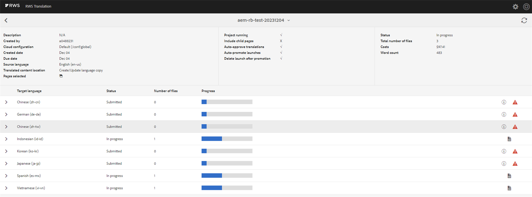 Screenshot of Trados Enterprise & Accelerate Ideas AEM connector interface showing project details with total word count for all languages combined, not separated by individual language.