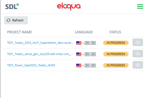 Eloqua web extension interface showing three projects named TEST_Trados_2023, TEST_Trados_sense, and TEST_Power_Sept2023 with language flags and status 'IN PROGRESS' for each. No detailed status by language or due dates visible.