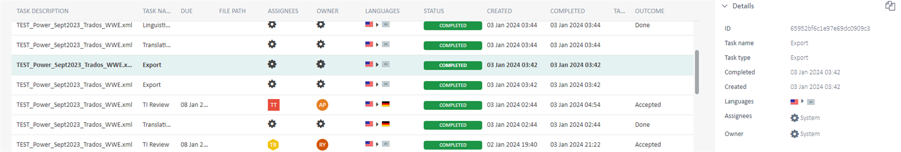 Screenshot of Trados Enterprise task history showing a list of completed tasks with details such as task description, name, due date, file path, assignees, owner, languages, status, creation and completion dates. A task named 'Export' is highlighted with details visible on the right side of the screen.