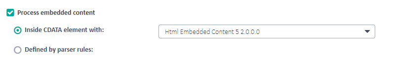 Screenshot showing the 'Process embedded content' option checked with 'Inside CDATA element with: Html Embedded Content 5 2.0.0.0' selected.