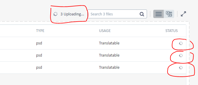 Trados Enterprise interface showing three PSD files with 'Translatable' usage and a loading status indicated by spinning circles.