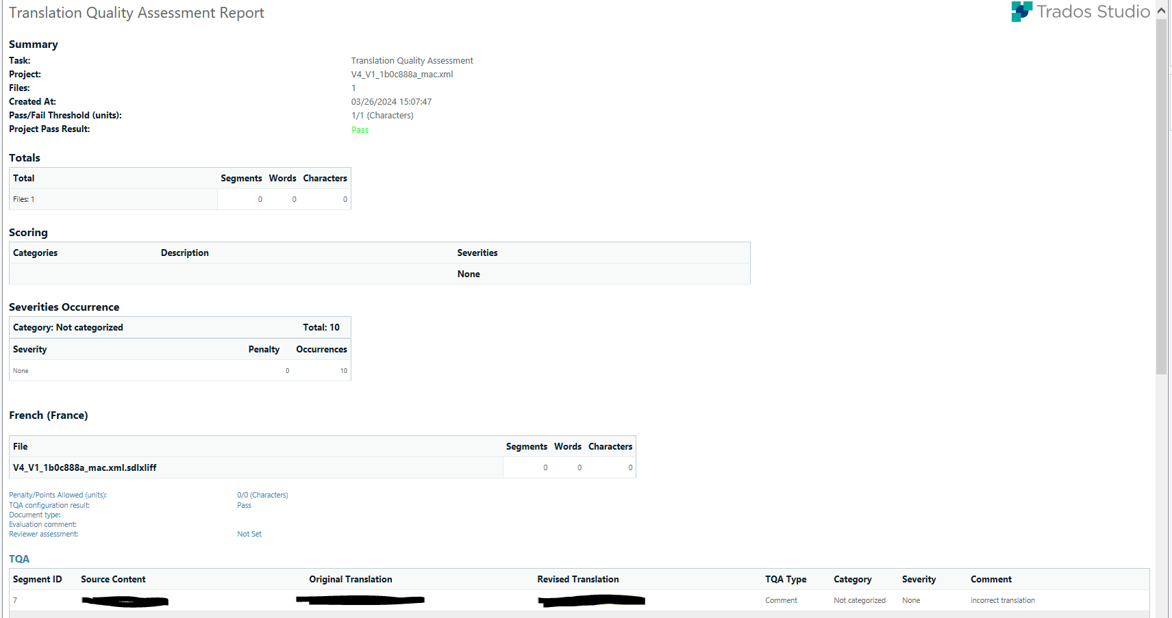 Screenshot of Trados Studio Translation Quality Assessment Report showing a summary with task, project, files, created at, passfail threshold, and project pass result as 'Pass'. Below, a section for Totals with zero segments, words, and characters. Scoring section is empty. Severity Occurrence shows 10 occurrences with no penalty under 'Not categorized'. A section for French (France) displays a file name and TQA details with a segment ID, source content, original translation, revised translation, TQA type, category, severity, and a comment 'incorrect translation'.