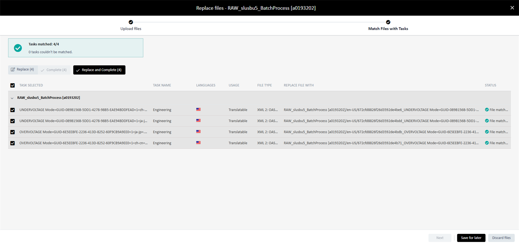 Screenshot of Trados Enterprise interface showing a 'Replace files' window with a 'Tasks matched: 44' message. Four tasks are listed with partial file names and paths, making it difficult to confirm if the correct files are mapped. The 'Replace File With' column is truncated, not showing full file paths. No visible errors or warnings are present.