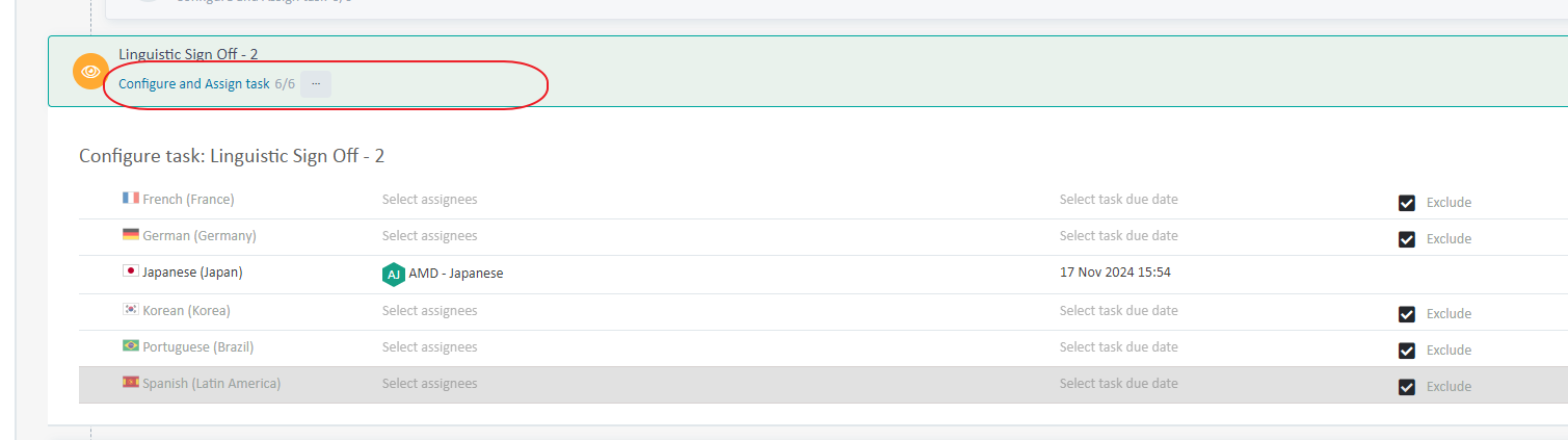 Screenshot of Trados Studio Ideas showing Linguistic Sign Off - 2 stage with a warning icon and Configure and Assign task 66 highlighted. Japanese language is marked with a red dot indicating an excluded language.