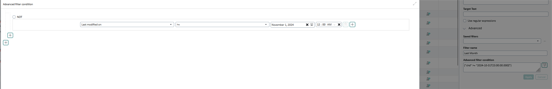 Screenshot of Trados Enterprise advanced filter condition interface with a filter set to 'Last modified on' greater or equal to 'November 1, 2024'. A saved filter named 'Last Month' is visible on the right side.