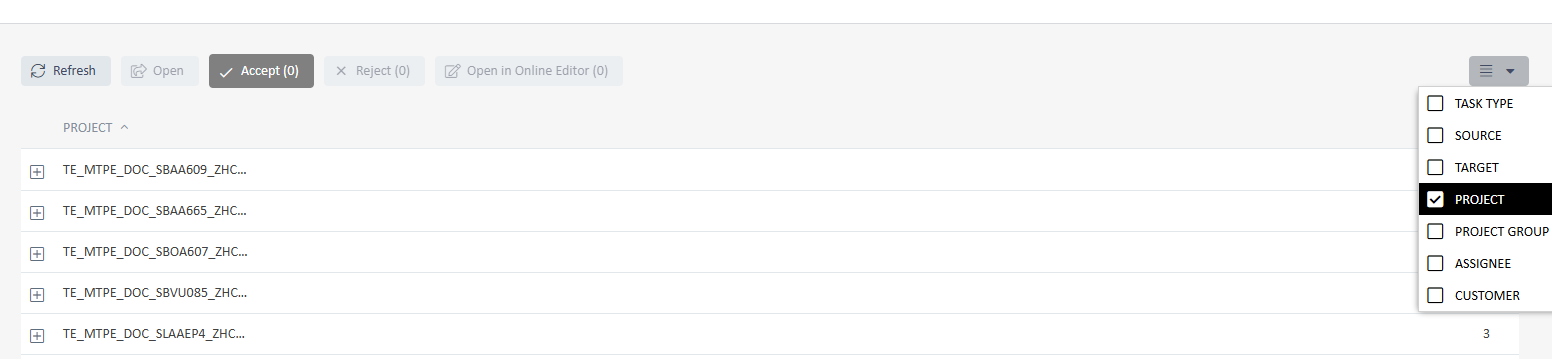 Screenshot of Trados Enterprise interface showing a list of projects with options to refresh, open, accept, reject, and open in online editor. A sidebar menu with 'Task Type', 'Source', 'Target', 'Project', 'Project Group', 'Assignee', and 'Customer' filters is visible.