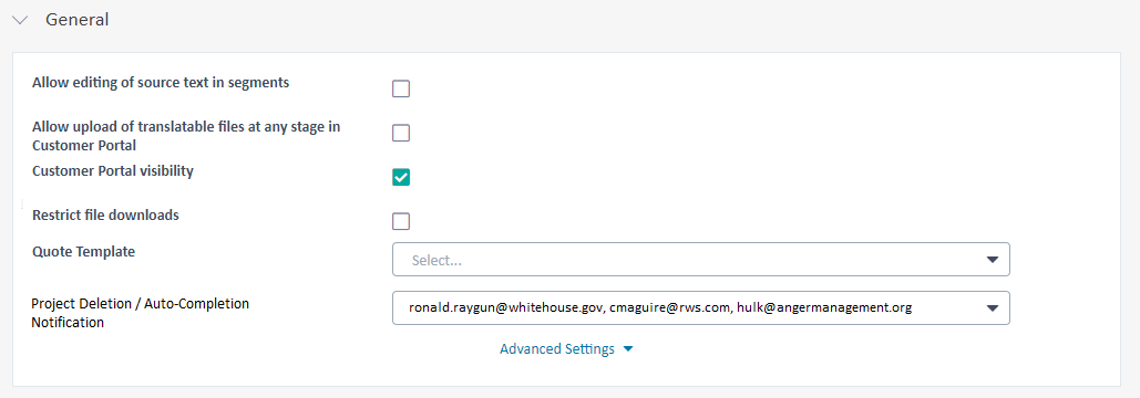 Screenshot of Trados Enterprise settings with a focus on Project DeletionAuto-Completion Notification. It shows an input field with three email addresses.