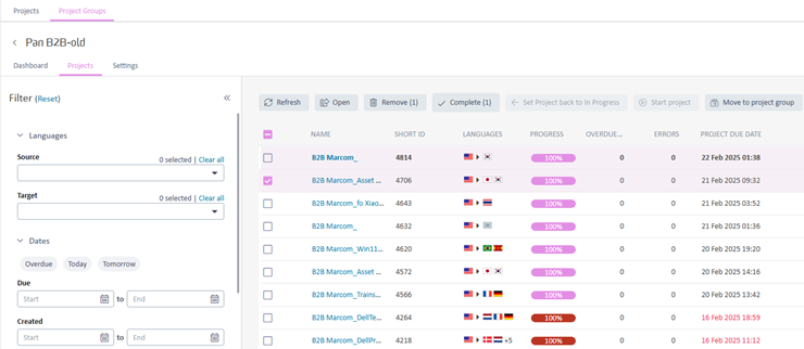 Screenshot of Trados Enterprise interface showing a list of projects with columns for Name, Short ID, Languages, Progress, Overdue, Errors, and Project Due Date. The 'Move to project group' button is greyed out.