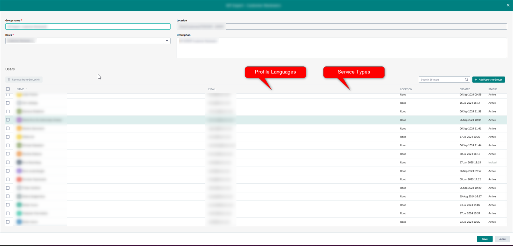 Screenshot of a user management interface with a list of users. Two red speech bubbles highlight missing 'Profile Languages' and 'Service Types' columns.