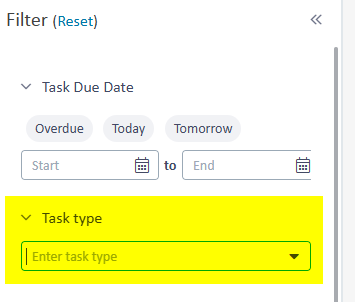 Screenshot of a filter panel with options for 'Task Due Date' with buttons for Overdue, Today, Tomorrow, and date range selectors, and a highlighted 'Task type' dropdown menu inviting to enter task type.